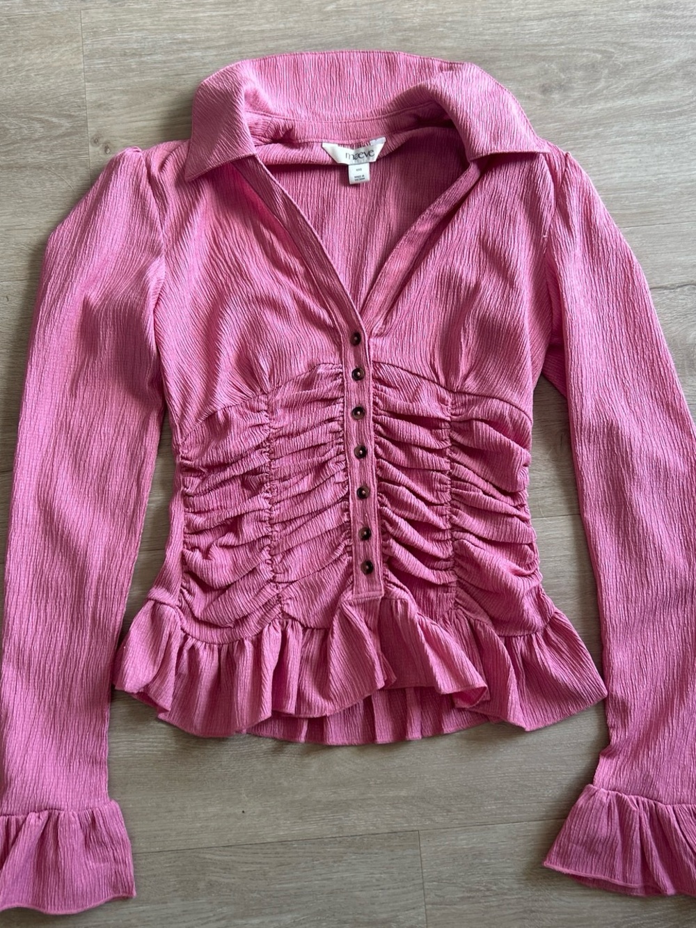 Maeve Pink Ruched Peplum Button-Front Blouse